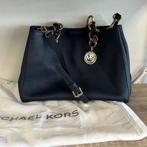 MICHAEL KORS Cynthia Medium Saffiano Satchel Navy Gold leather